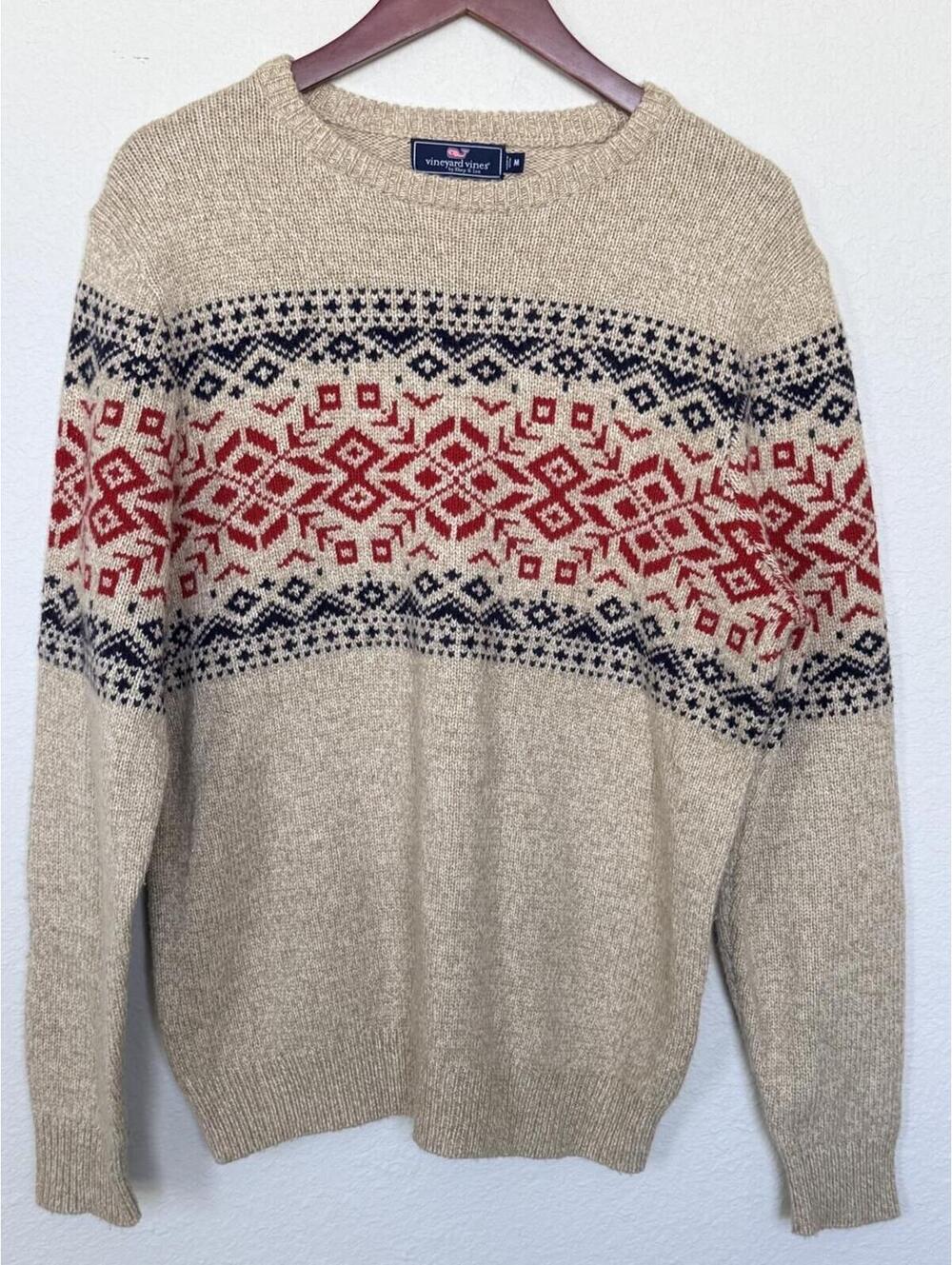 Vineyard Vines Beige Fair Isle Sweater Elbow Patches Size M
